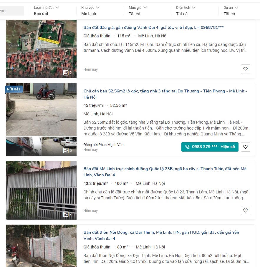 Đất tại huyện Mê Linh cũng được rao bán ăn theo quy hoạch đường vành đai 4. &nbsp;