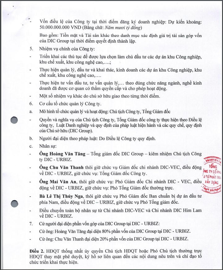 Nghị quyết về việc thành lập công ty DIC Urbiz của DIC Corp. &nbsp;