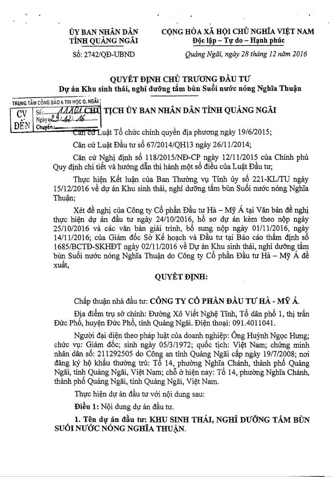 Quyết định số 2742/QĐ-UBND về việc phê duyệt chủ trương đầu tư dự án Khu sinh thái, nghỉ dưỡng tắm bùn suối nước nóng Nghĩa Thuận.