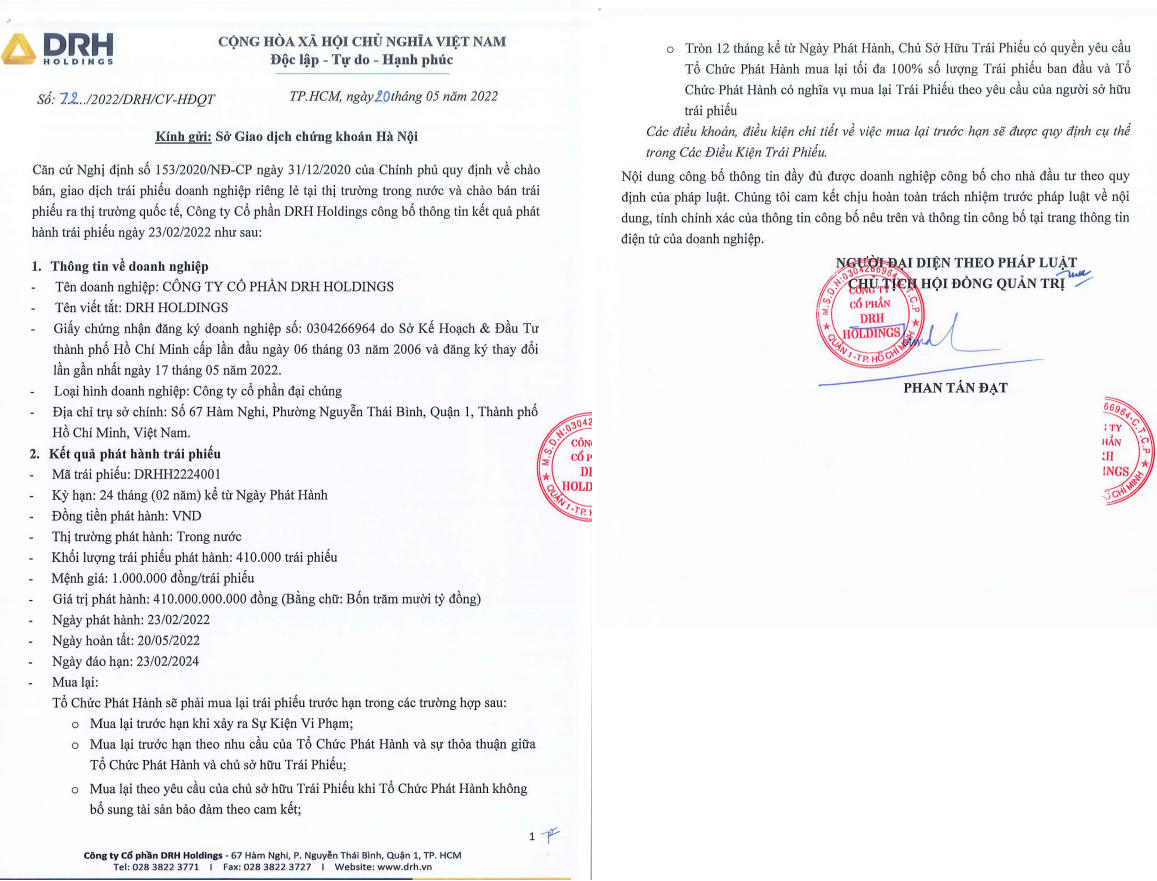 DRH Holdings công bố phát hành thành công lô trái phiếu 410 tỷ đồng (Nguồn: Cbons)
