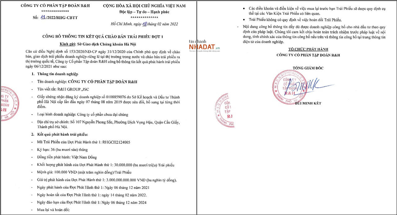 Thông báo kết quả phát hành trái phiếu của R&H Group, thu về 3.000 tỷ đồng. &nbsp; &nbsp;