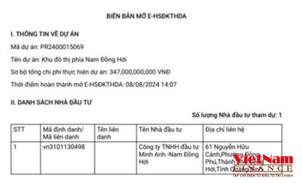 Công ty TNHH Đầu tư Minh Anh - Nam Đồng Hới nhà đầu tư duy nhất đăng ký thực hiện