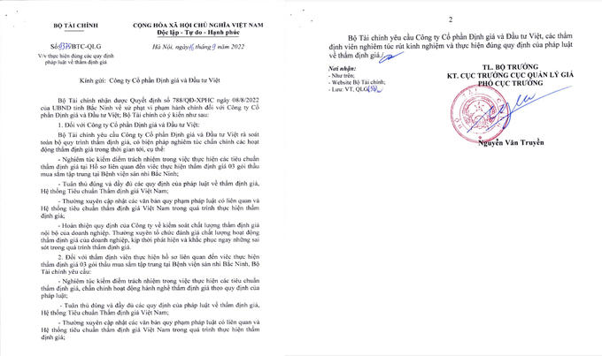 Bộ Tài chính có công văn số 9375/BTC-QLG gửi Công ty Cổ phần Định giá và Đầu tư Việt.