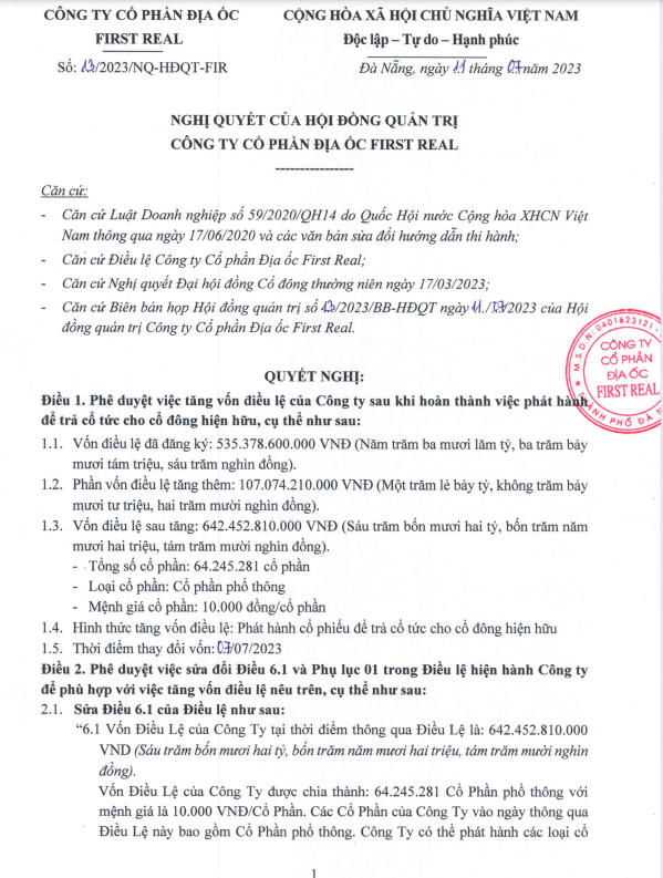 Nghị quyết HĐQT về việc tăng vốn tại địa ốc First Real