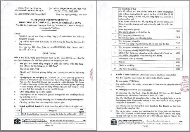 Thông báo về việc DIC Corp sẽ mở thêm chi nhánh chỉ đạo đường cao tốc Việt Nam.&nbsp;