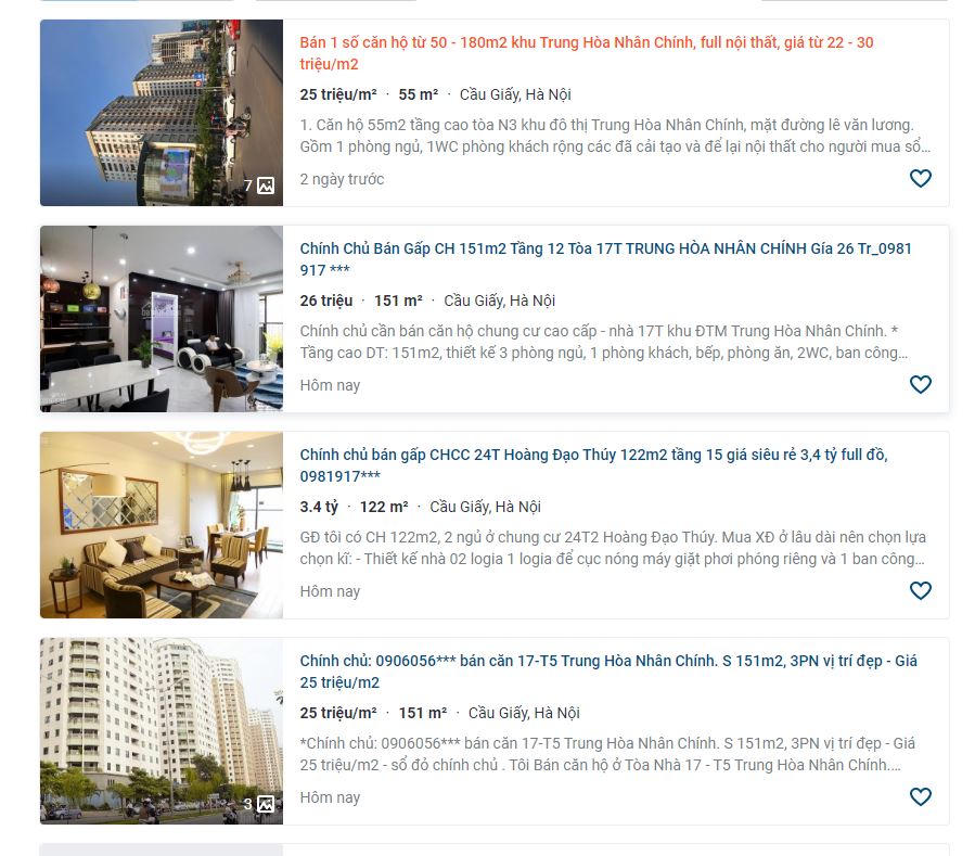 Giá bán căn hộ thứ cấp tại KĐT Trung Hòa - Nhân Chính hiện đang ở mức trung bình khoảng 25 – 30 triệu đồng/m2. &nbsp;