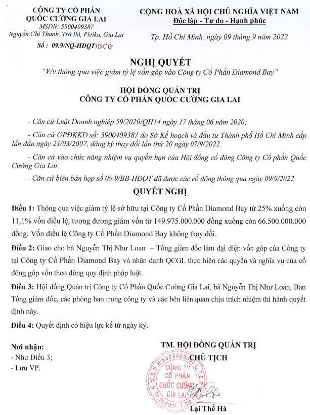 Nghị quyết giảm tỉ lệ góp vốn tại CTCP Diamond Bay