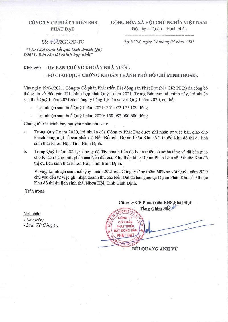 Giải trình BCTC hợp nhất Quý I/2021 của Phát Đạt. &nbsp;