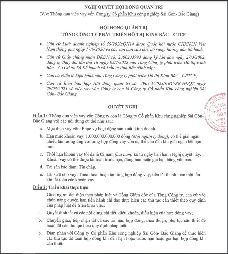 Nghị quyết về việc vay 1.000 tỷ đồng từ công ty Sài Gòn – Bắc Giang. &nbsp;