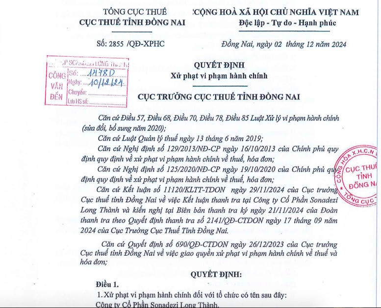 Sonadezi Long Thành bị phạt và truy thu thuế hơn 2,3 tỷ đồng