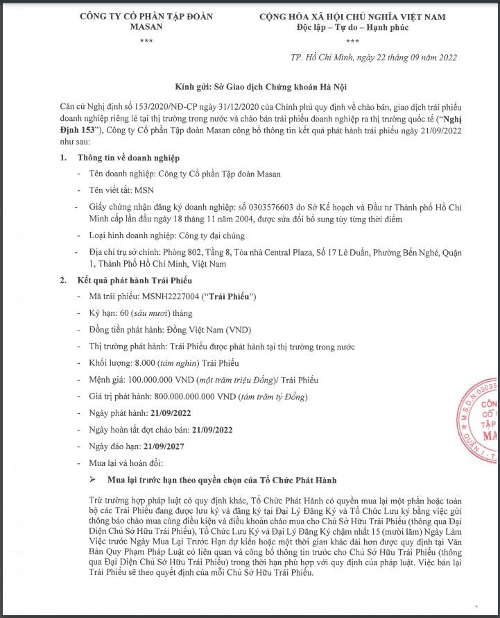 Tập đoàn Masan huy động thành công 1.500 tỷ đồng trái phiếu
