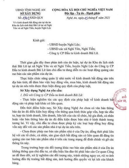 Văn bản số 1941/SXD-QLN của Sở Xây dựng Nghệ An về việc dự án Meyresort Bãi Lữ đang được rao bán khi chưa đủ điều kiện. &nbsp;