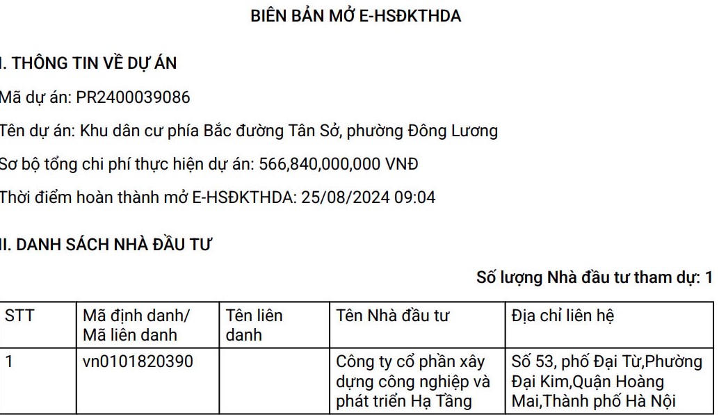 Công ty CP Xây dựng công nghiệp và phát triển hạ tầng là nhà đầu tư duy nhất đăng ký thực hiện dự án