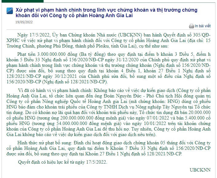 Thông báo xử phạt của UBCKNN đối với Hoàng Anh Gia Lai. &nbsp;
