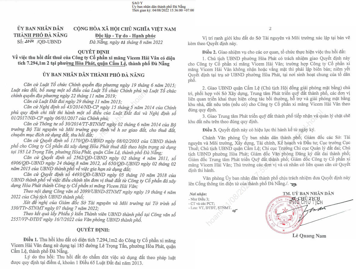 Công ty CP Vicem Hải Vân bị UBND TP Đà Nẵng ra quyết định thu hồi