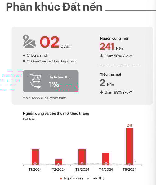 &nbsp;Nguồn cung và tiêu thụ mới theo tháng của phân khúc đất nền trong tháng 5. (Nguồn:&nbsp;DKRA). &nbsp;