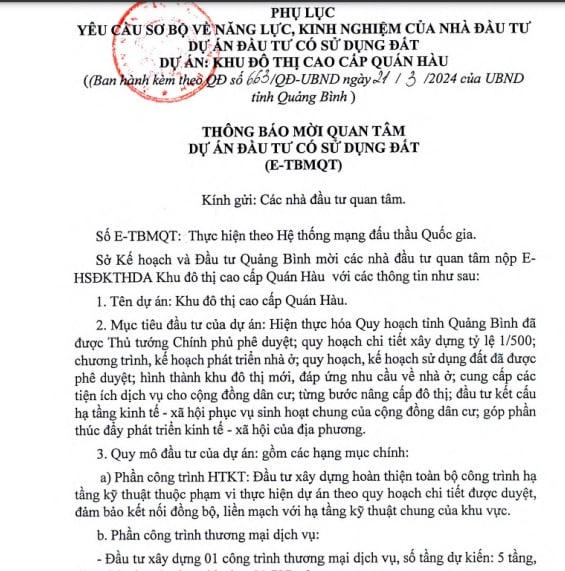 Văn bản mời gọi đầu tư khu đô thị Quán Hàu của tỉnh Quảng Bình