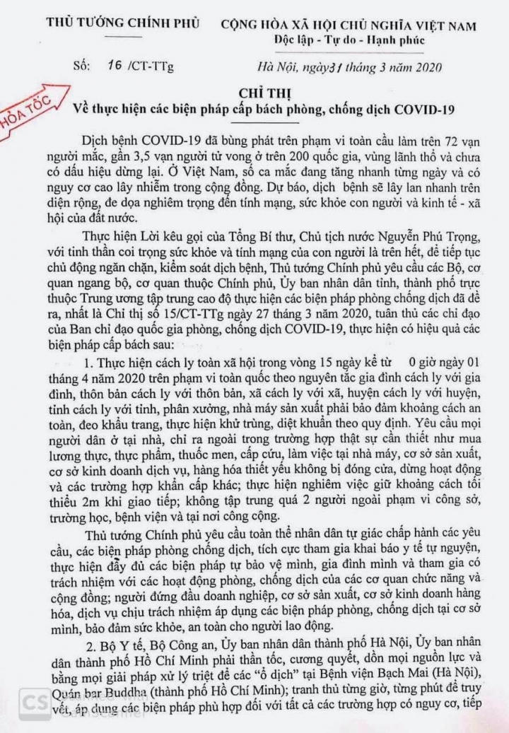Việt Nam thực hiện cách ly toàn xã hội từ 0h00 ngày 1/4/2020