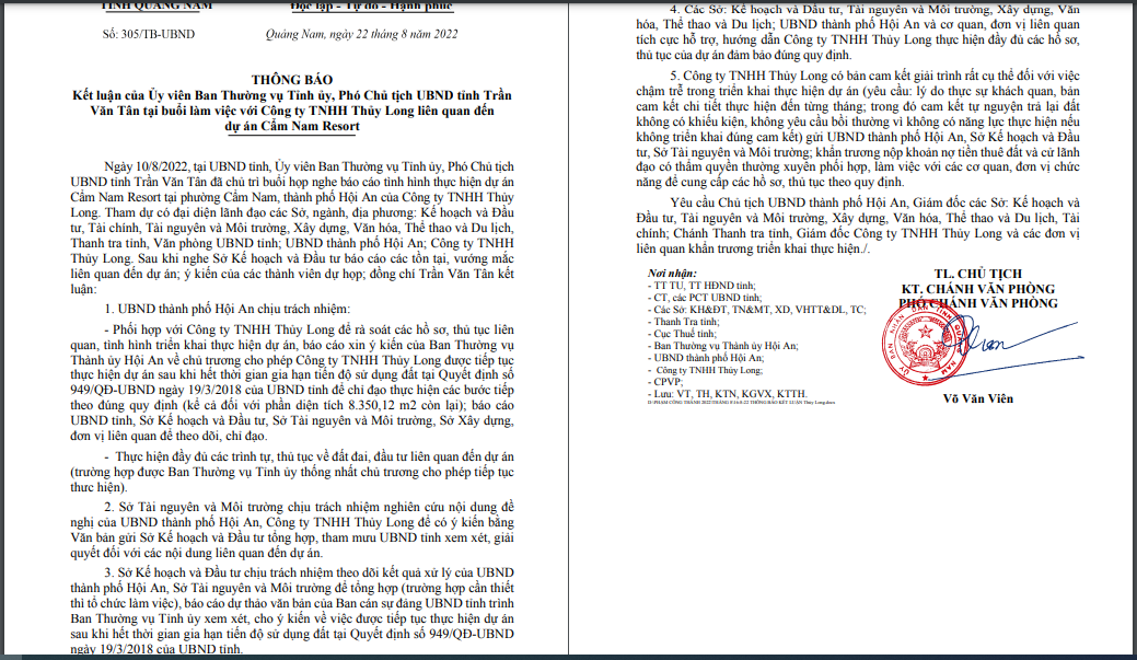 Thông báo kết luận của Phó chủ tịch UBND tỉnh Quảng Nam tại buổi làm việc với chủ đầu tư dự án Cẩm Nam Resort &nbsp;