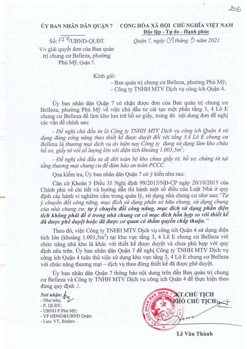 UBND quận 7 cho biết, việc Công ty TNHH MTV Dịch vụ công ích quận 4 sử dụng diện tích lớn tại khu vực tầng 3, 4 lô E chung cư Belleza với chức năng nhà kho là khác với thiết kế được duyệt &nbsp;