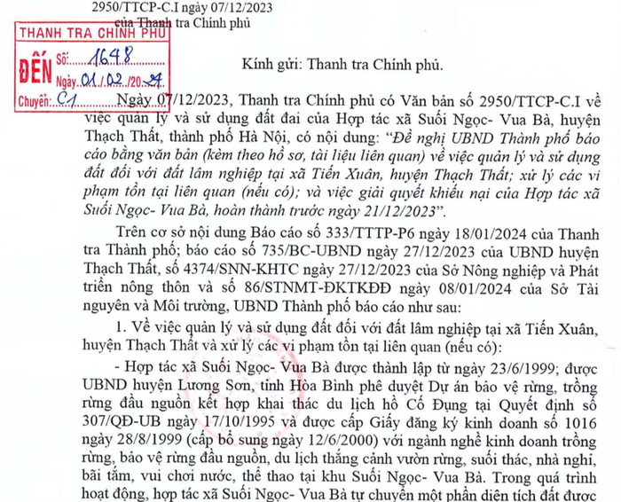 Văn bản báo cáo của UBND thành phố Hà Nội về vi phạm&nbsp;đất đai ở Suối Ngọc – Vua Bà &nbsp;