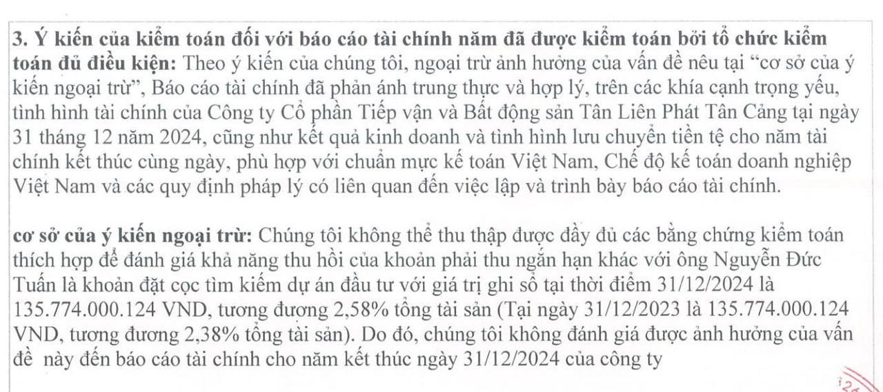 Trong báo cáo tài chính năm 2024 đã kiểm toán, kiểm toán viên đã đưa ra ý kiến ngoại trừ &nbsp;