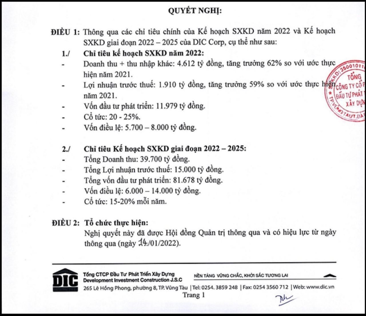 DIC đặt kế hoạch doanh thu kỷ lục trong giai đoạn năm 2022 – 2025