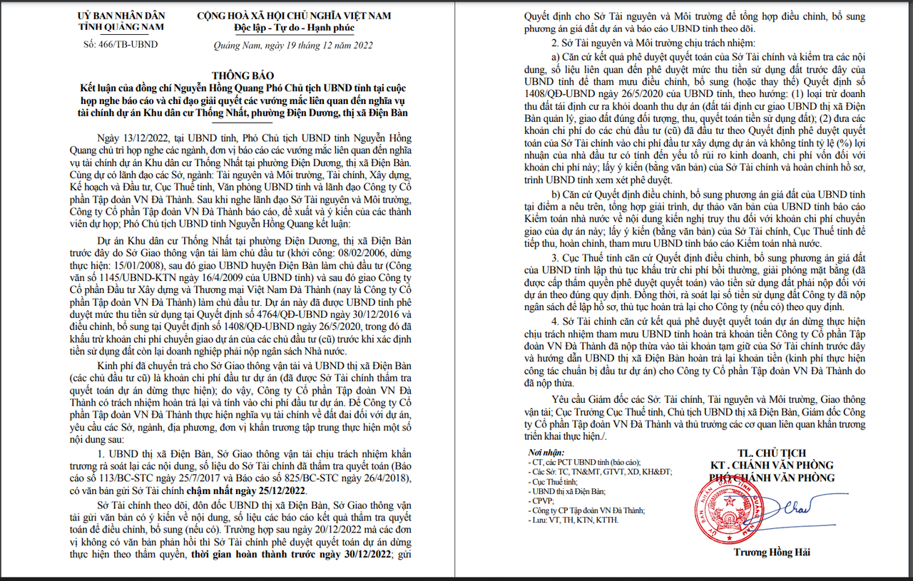 Quảng Nam yêu cầu giải quyết vướng mắc về nghĩa vụ tài chính tại dự án Khu dân cư Thống Nhất