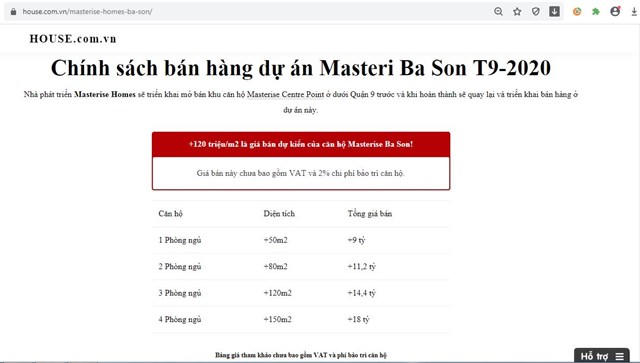 Xuất hiện nhiều th&ocirc;ng tin quảng c&aacute;o Masterise Homes Ba Son với gi&aacute; b&aacute;n dự kiến l&agrave; 120 triệu/m2.