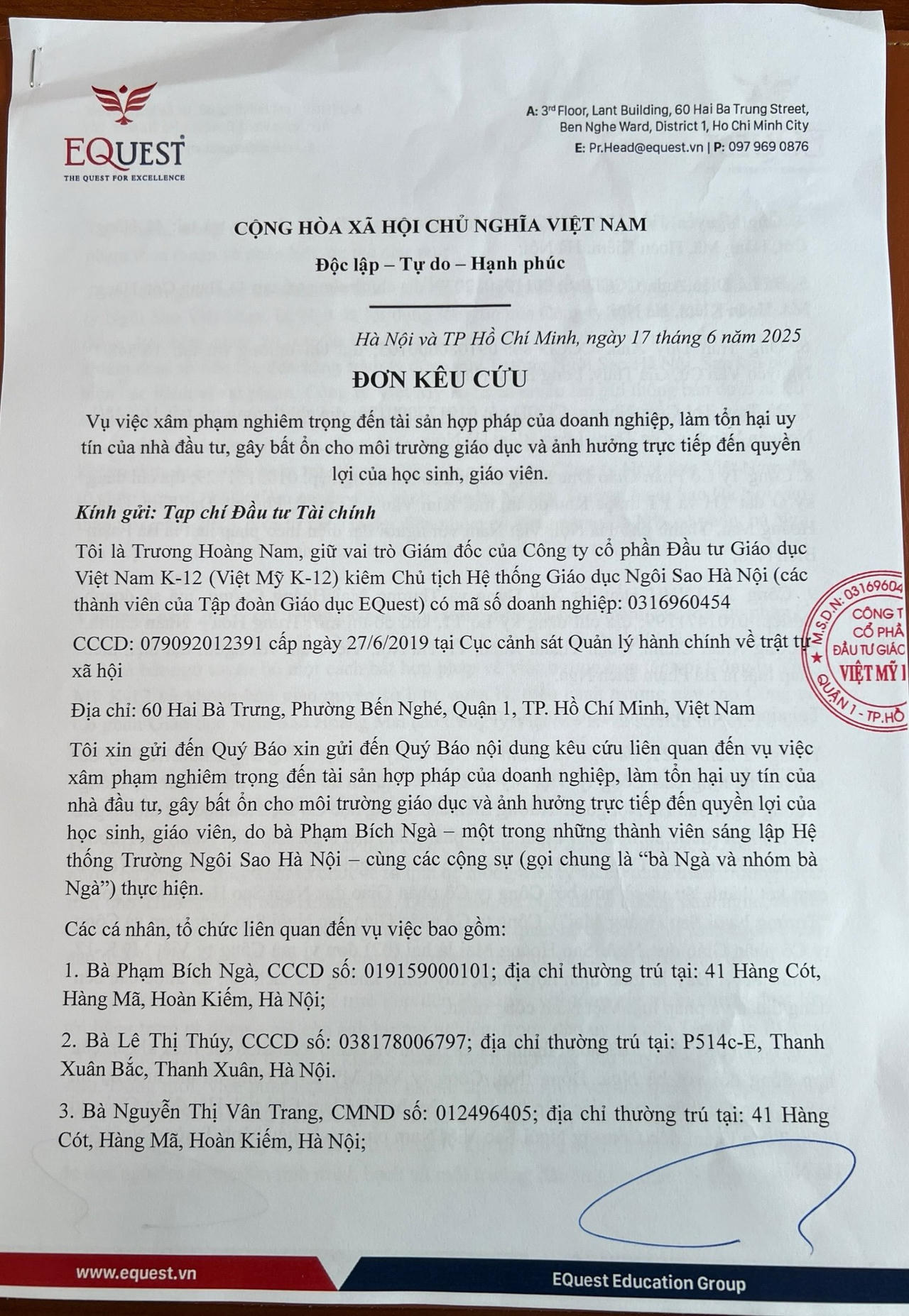 Đơn kêu cứu của ông Trương Hoàng Nam, Giám đốc của Công ty cổ phần Đầu tư Giáo dục Việt Nam K-12 gửi đến VietnamFinance. &nbsp;