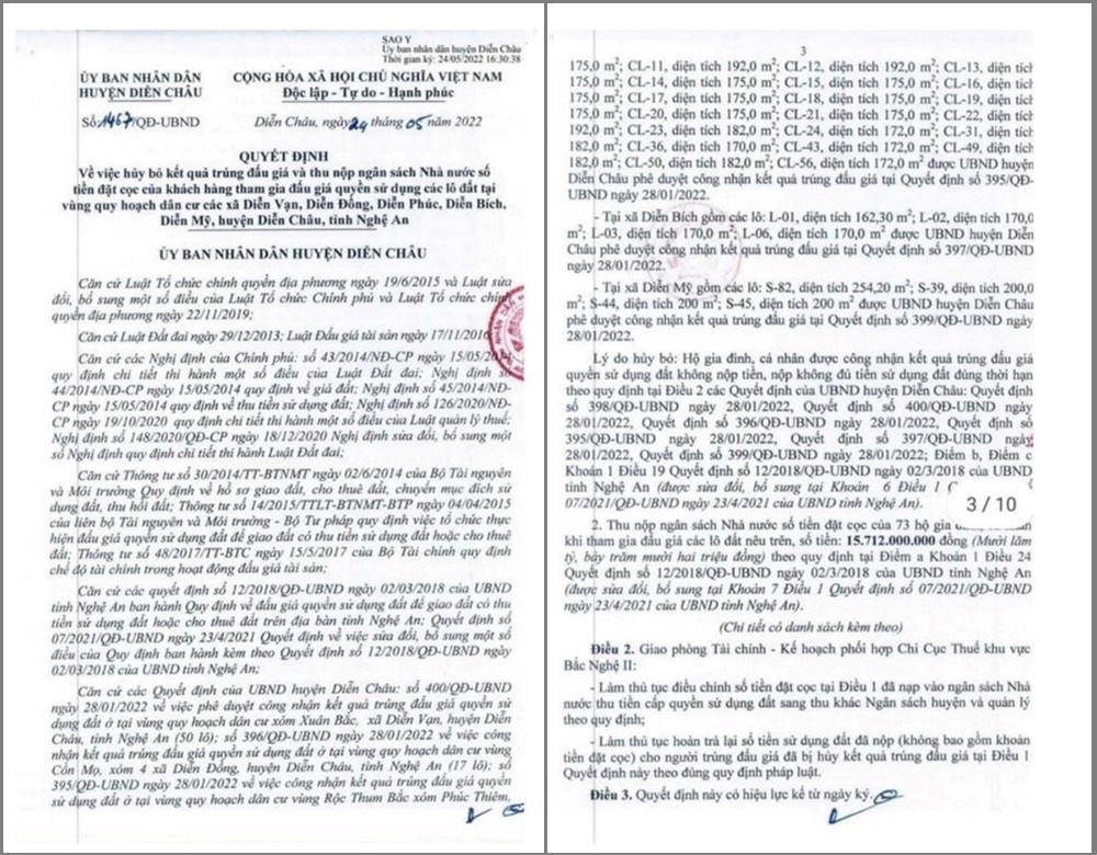 Quyết định của UBND huyện Diễn Châu về việc "Hủy bỏ kết quả trúng đấu giá đất và thu nộp ngân sách Nhà nước số tiền đặt cọc của khách hàng tham gia đấu giá quyền sử dụng đất các lô đất tại vùng quy hoạch dân cư các xã: Diễn Vạn, Diễn Đồng, Diễn Phúc, Diễn Bích, Diễn Mỹ”. &nbsp;
