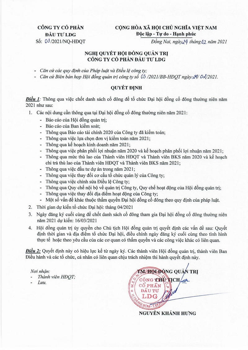 Bản dự thảo nội dung ĐHĐCĐ thường niên năm 2021 của LDG Group. &nbsp;
