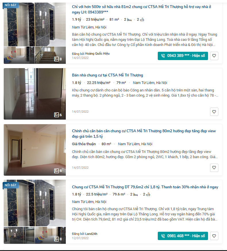 Nhiều căn hộ chung cư CT4A, CT5A tại khu đô thị Mễ Trì Thượng rao bán từ 1,8 - 1,9 tỷ đồng/căn.