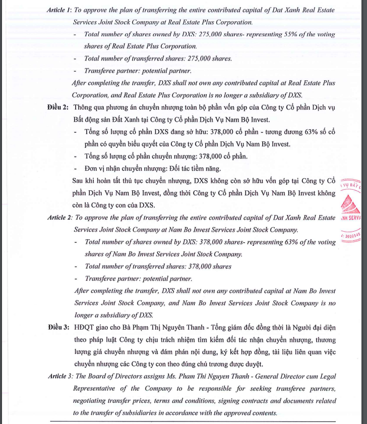 Nghị quyết của Đất Xanh Sevices về việc thoái vốn tại 2 công ty con. &nbsp;
