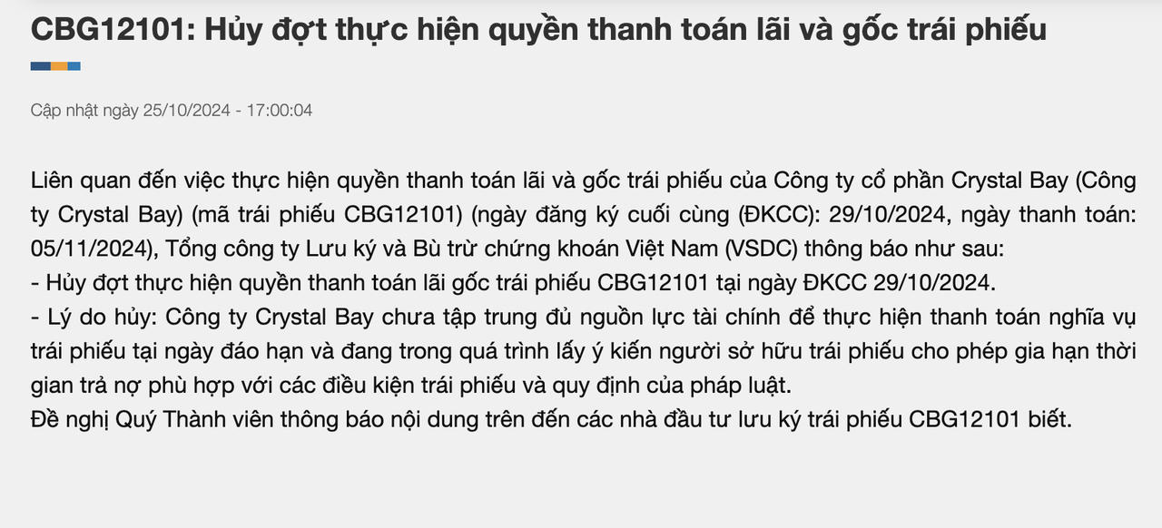 Thông báo huỷ đợt thực hiện quyền thanh toán lãi và gốc trái phiếu của Tổng Công ty lưu ký và Bù trừ chứng khoán Việt Nam.