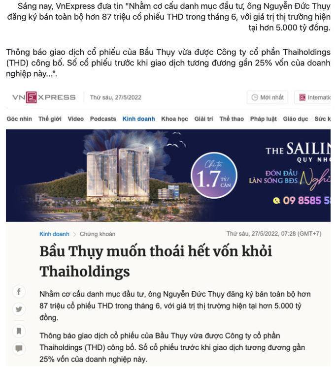 Bầu Thuỵ biến đồn thành thật sau khi cổ phiếu THD đã bị thổi bay 20%, sẽ thoái vốn nghìn tỷ tại Thaiholdings