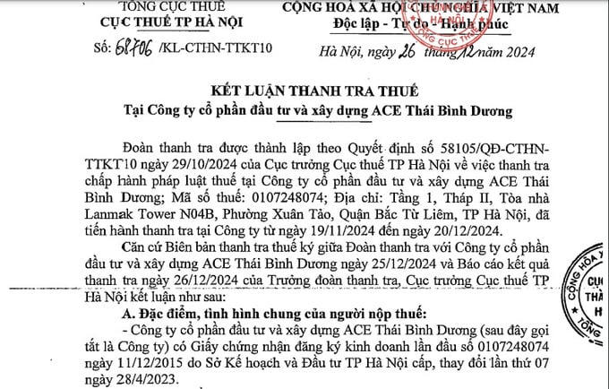 Kết luận thanh tra thuế về Công ty Cổ phần Đầu tư và Xây dựng ACE Thái Bình Dương. &nbsp;