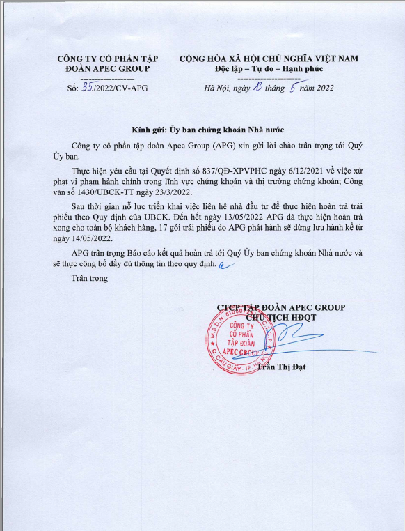 CTCP Tập đoàn APEC Group đã thực hiện hoàn trả toàn bộ 507,407,200,000 đồng giá trị trái phiếu &nbsp;