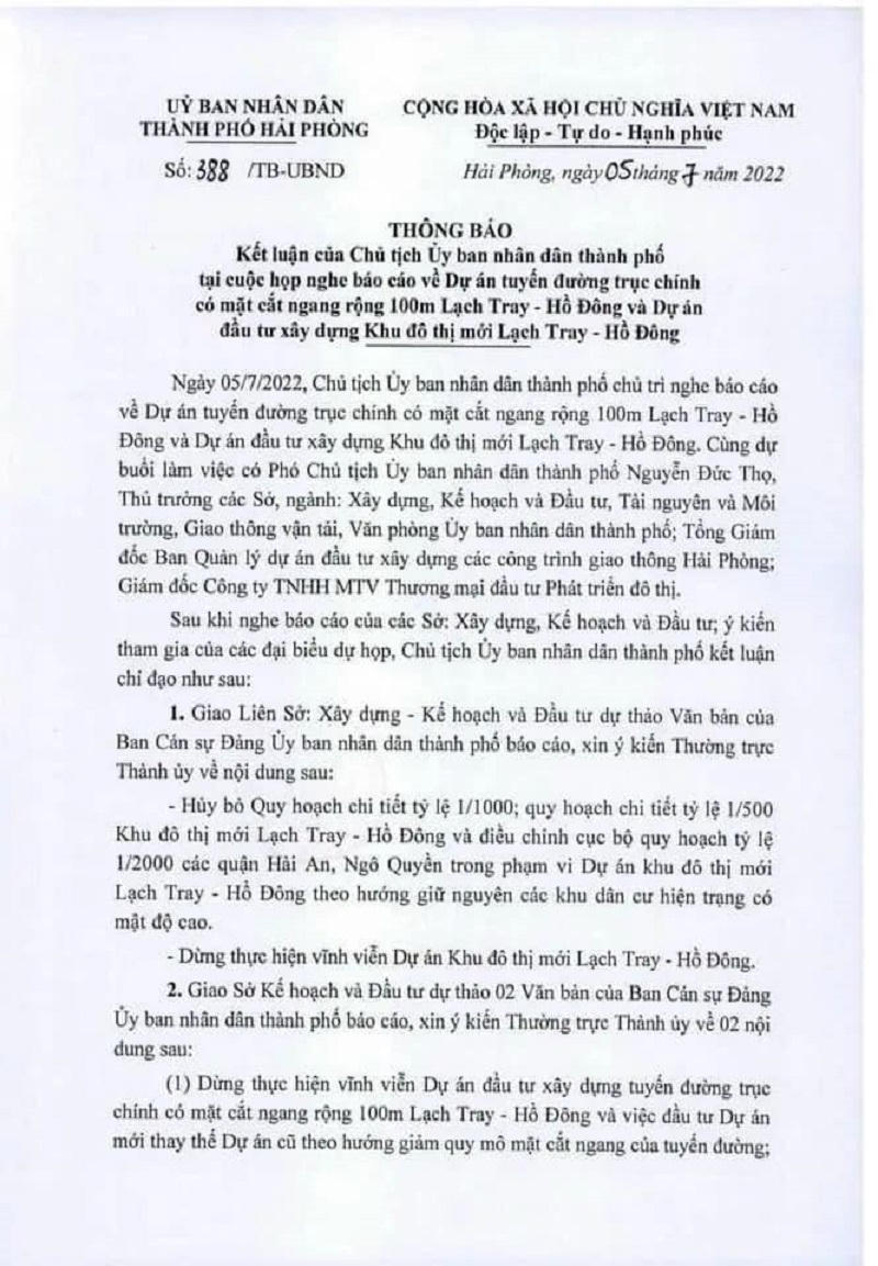 Hải Phòng muốn dừng vĩnh viễn dự án Khu đô thị mới Lạch Tray và tuyến đường Lạch Tray - Hồ Đông?