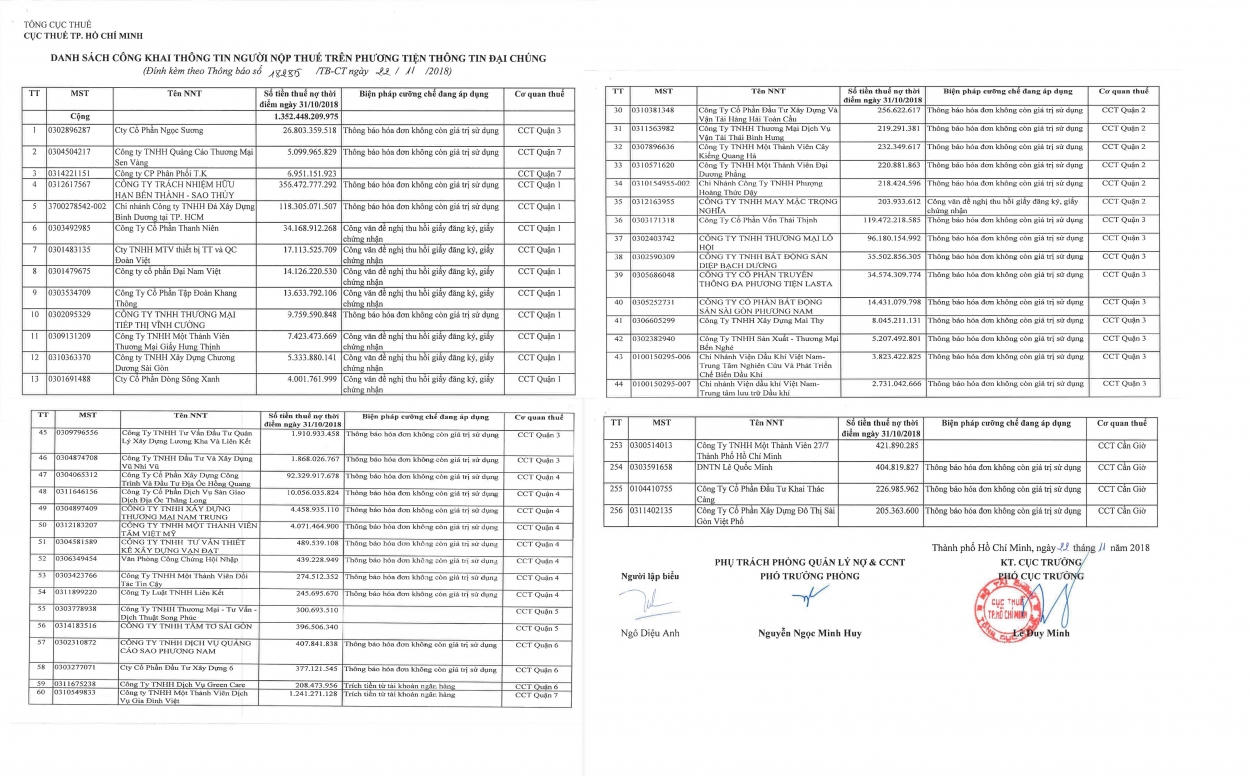 Danh sách các công ty nợ thuế do Cục Thuế TP HCM công bố.