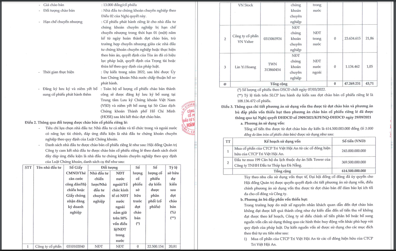 Thông tin về phương án chào bán riêng lẻ của KPF. &nbsp;