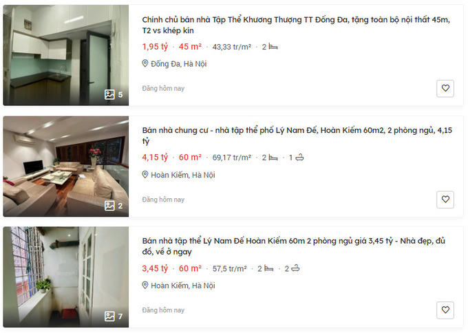 Trên trang rao bán batdongsan.com.vn có tin rao bán nhà tập thể Lý Nam Đế Hoàn Kiếm với diện tích 60m2, có 2 phòng ngủ với giá 3,45 tỷ đồng, tương đương 57,5 triệu đồng/m2. Hay một căn chung cư – nhà tập thể khác cũng nằm trên phố Lý nam Đế đang được rao bán với giá 4,15 tỷ đồng, tương đương 69,17 triệu đồng/m2. Có thể thấy, với giá này, người mua cũng dễ dàng mua một căn hộ thương mại với mức giá tương đương mà đầy đủ tiện ích xung quanh.