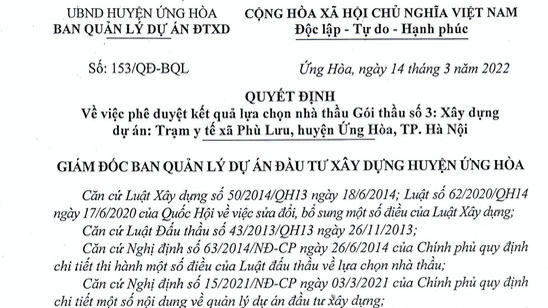 Quyết định phê duyệt Gói thầu số 3: Xây dựng Dự án: Trạm y tế xã Phù Lưu, huyện Ứng Hòa, Tp.Hà Nội.