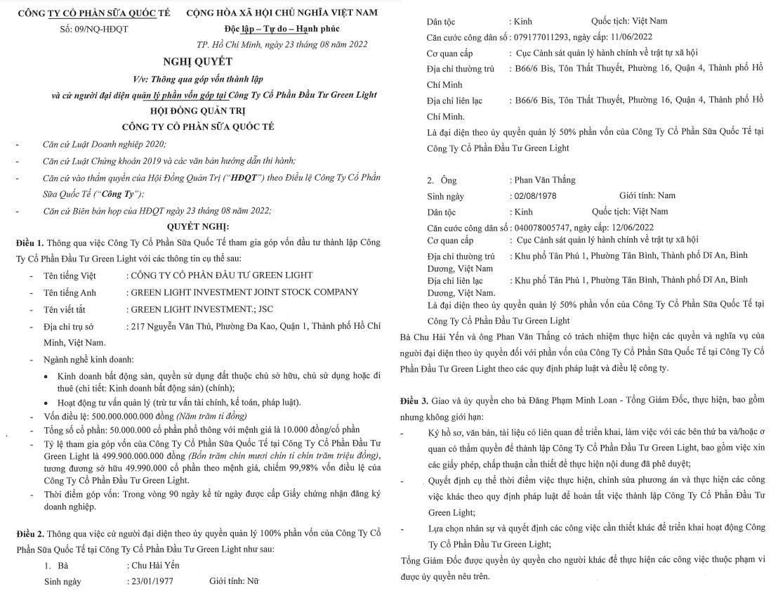 Nghị quyết góp vốn thành lập CTCP Đầu tư Green Light