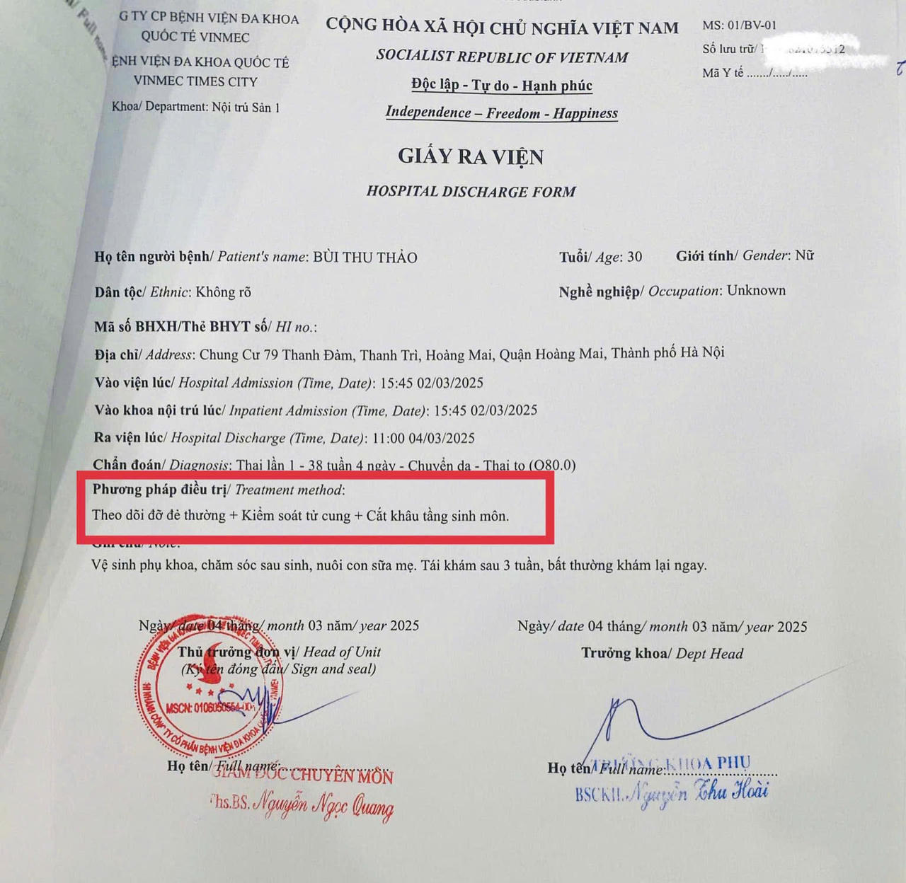Giấy ra viện của chị Thảo ghi rõ: Đẻ thường + Cắt khâu tầng sinh môn, thoả điều kiện của hợp đồng bảo hiểm. Ảnh: NVCC