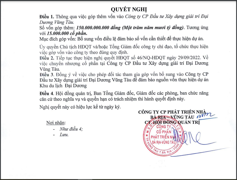 Quyết định của HDC về việc góp thêm vốn vào CTCP Đầu tư Xây dựng giải trí Đại Dương Vũng Tàu. &nbsp;