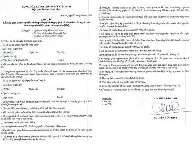 Báo cáo kết quả giao dịch cổ phiếu ông Nguyễn Đức Thụy (Nguồn: Thaiholdings) &nbsp;