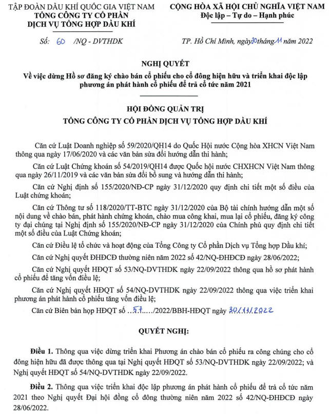 Nghị quyết dừng phát hành 44.9 triệu cổ phiếu