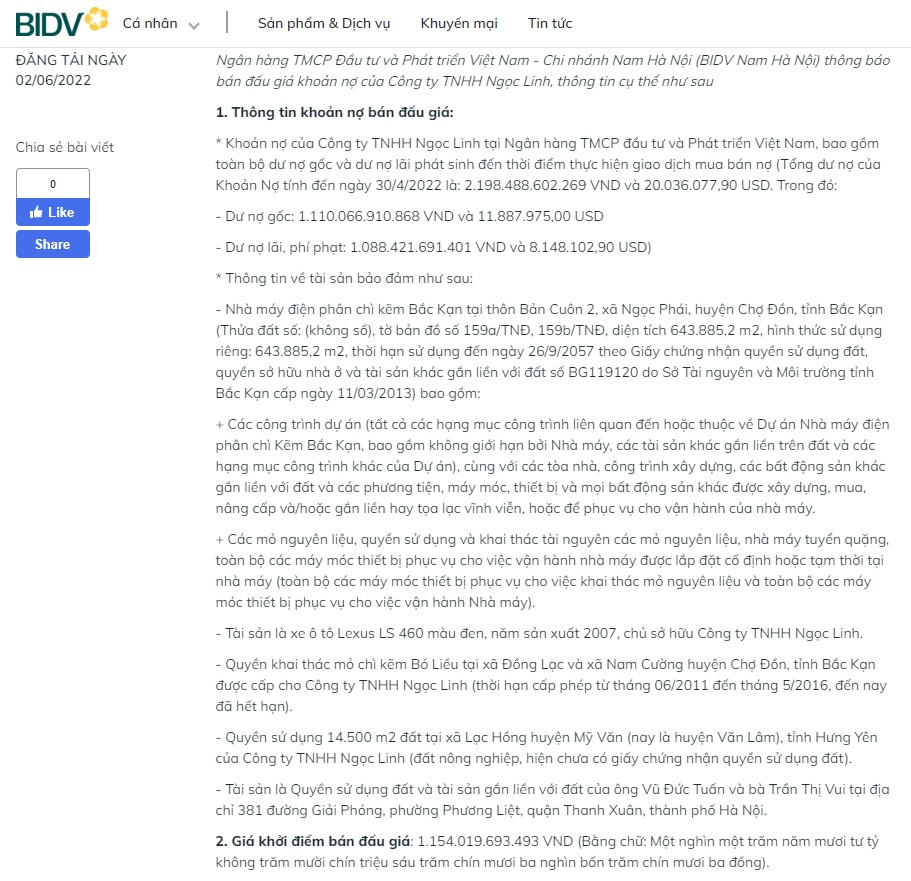 BIDV thông báo về việc rao bán khoản nợ lần 11 của Công ty Ngọc Linh.