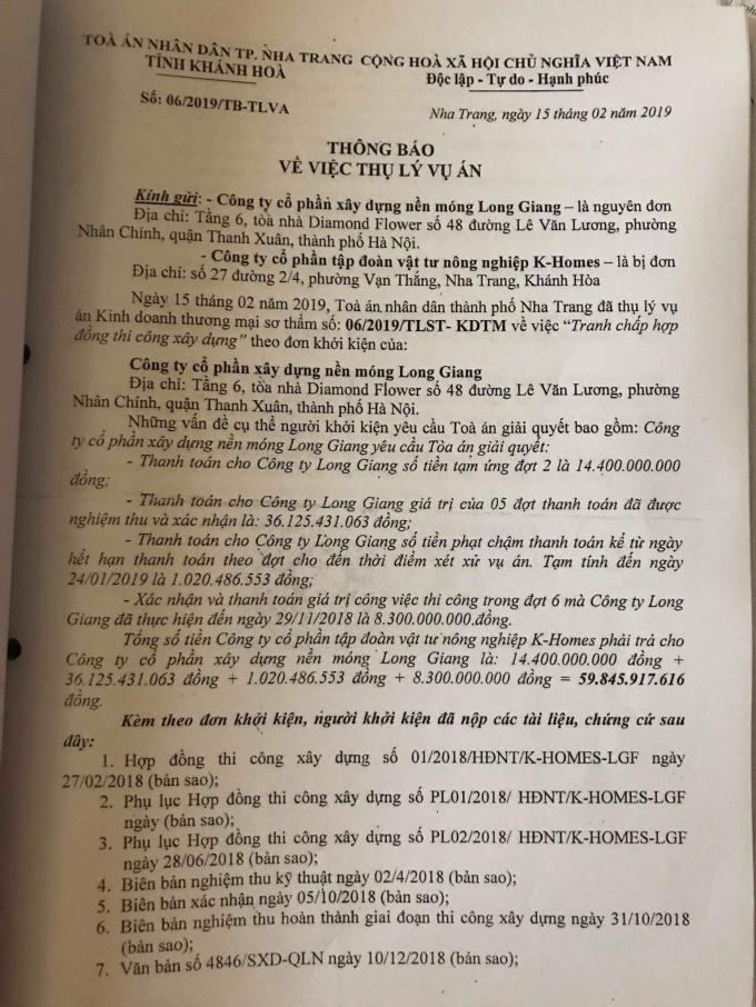 Chủ đầu tư dự án K-Homes bị nhà thầu khởi kiện